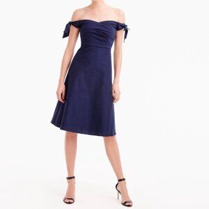 J Crew Womens Off Shoulder Faille Dress Tie Bow Straps Navy Blue G3469 size 14